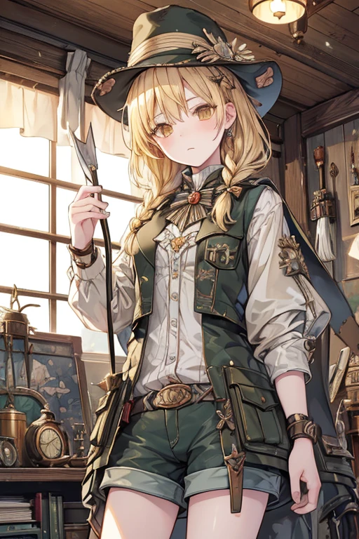 masterpiece, highest quality, Very detailed, 16k, Ultra-high resolution, Cowboy Shot, One  girl, Detailed face, Perfect Fingers, Golden Eyes, Blonde, Braid, A vest with many pockets, Shorts, Exploring knife, Safari Hat, compass, telescope, map, A cluttered room with lots of small items, Organizing tools