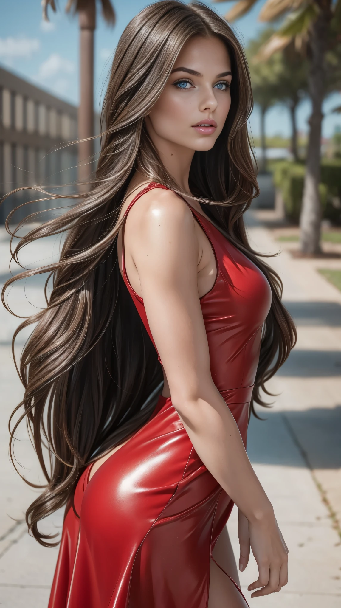 A stunning brunette girl with long, flowing hair that catches the light, sparkling blue eyes that radiate clarity, and perfectly shaped lips adorned with a subtle gloss. She is wearing a stylish red short dress that accentuates her figure, set against a soft, blurred background of a sunny outdoor scene, capturing a cheerful and vibrant mood