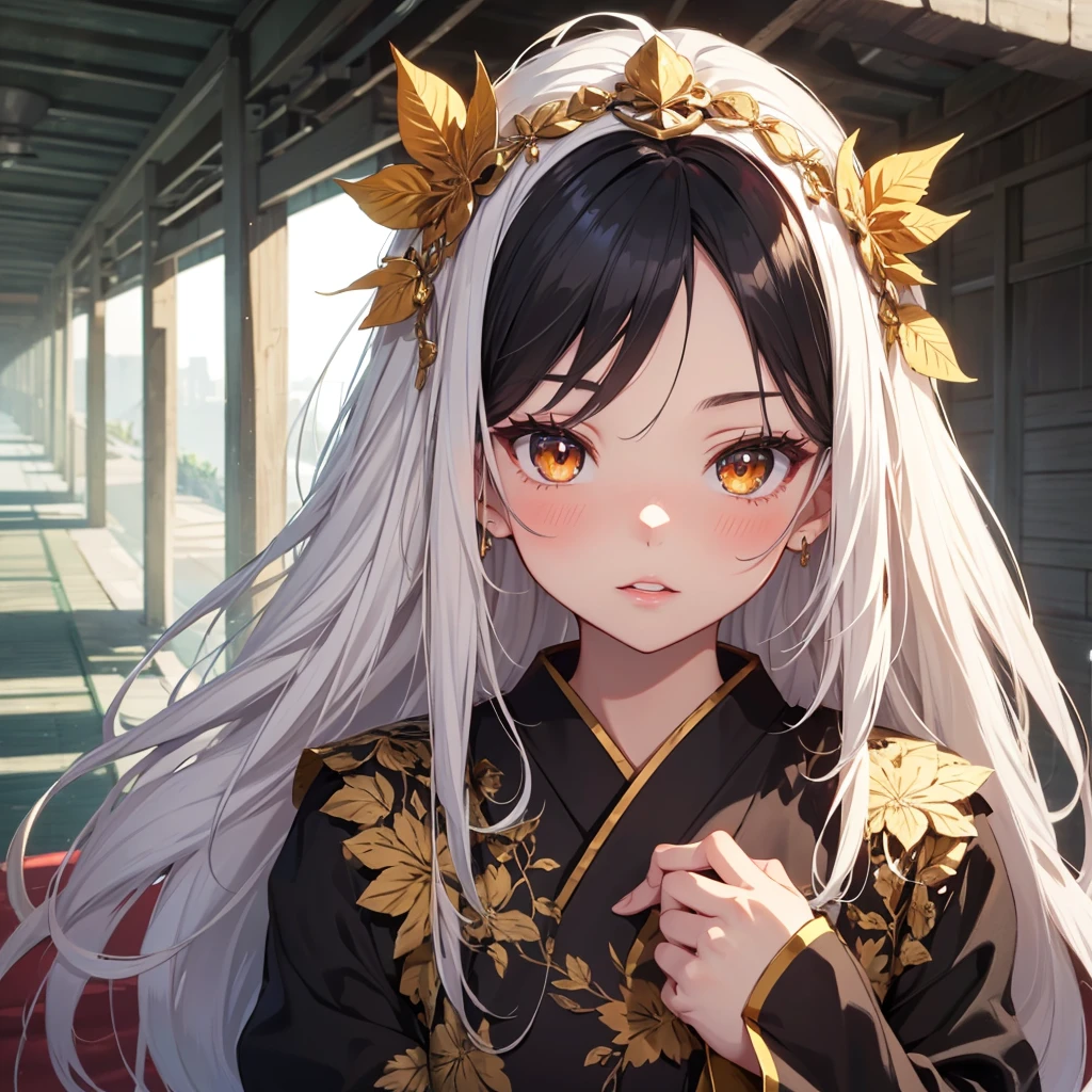 Long white hair, female, golden eyes, orangeish eyes, wearing leaf looking haori, demon slayer art style, 1girl, Solo, Long Hair, High Resolution, Black Hair, White Hair, Blush, teenager, cherubic features, thick black eyelashes, plump lips