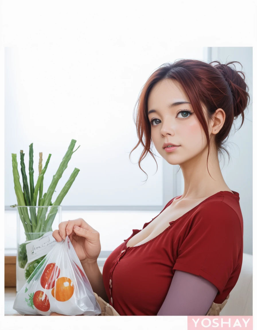 Mother with a bag of vegetables in her hand, smooth anime cg art, ( ( ( yoshinari yoh ) ) ), painted in anime painter studio, artwork in the style of guweiz, makoto, in an anime style, makoto shinka, yayoi kasuma, ; visual novel, guweiz