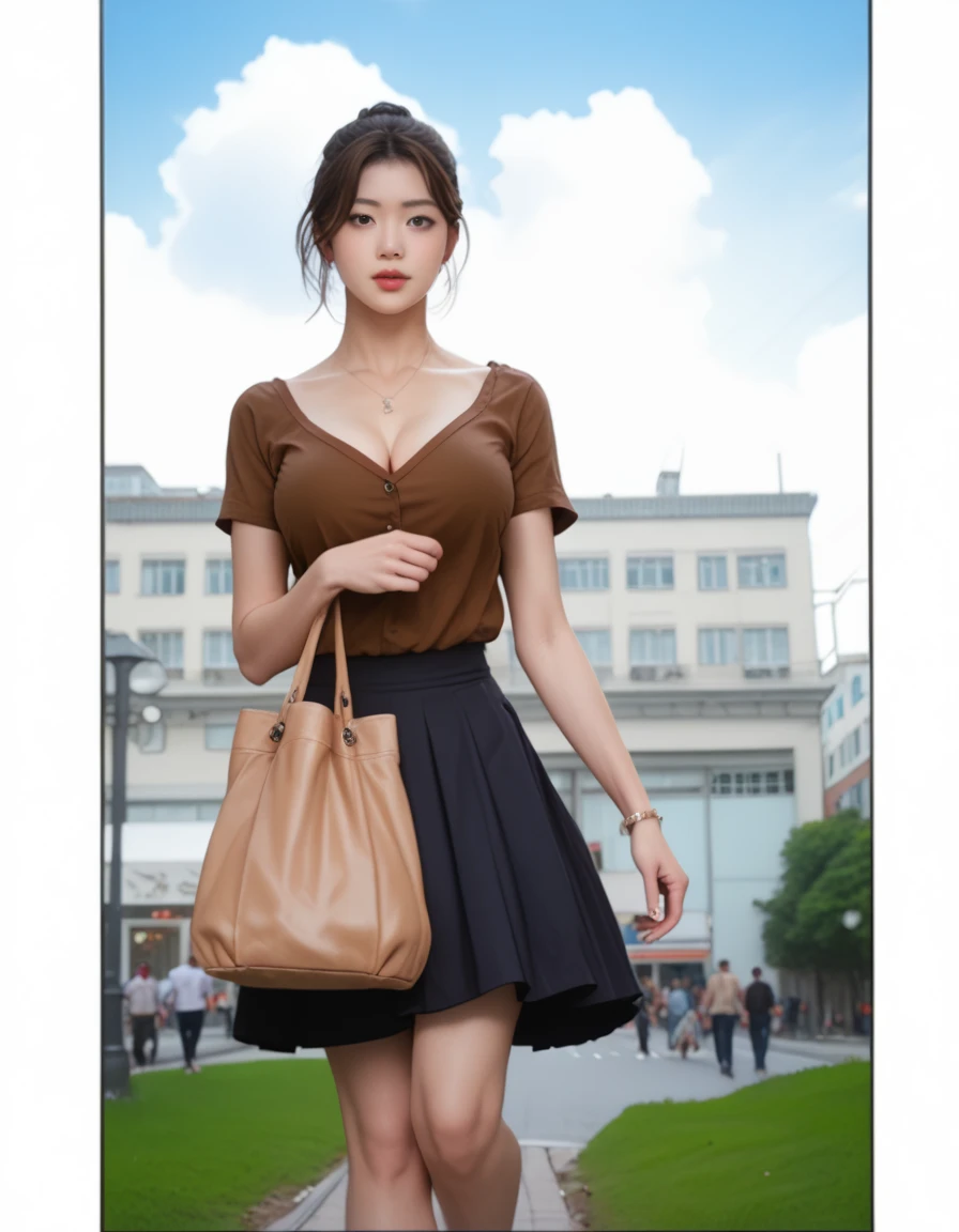 a picture of a Korean woman in a skirt and a brown shirt, carry a shoulder bag, her wardrobe is attractive, delicate androgynous prince, really realistic, in city street, female protagonist 👀 :8, at a city street, with a large breasts, (sfw) safe for work, walking through a suburb, shoulders can be seen, revealing clothes, dressed casually