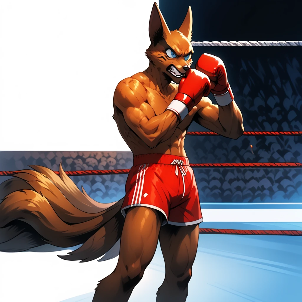  Anime quality, solo,  kurama, fox, dark brown fur, blue eyes, multiple tails, 9 tails, calm, calm face, calm,Fight Boxing, Wearing Boxing Gloves red, wearing red boxing shorts, (no shirt), punching, punching the image, showing him punching, he can punch, turned around,