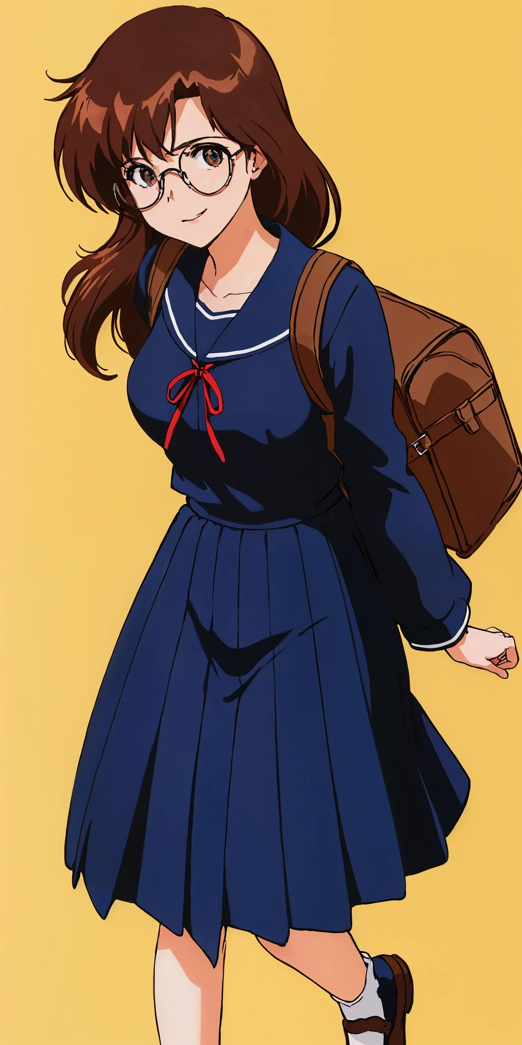 Young woman drawn in 80’s anime art style. 
Retro anime. Vintage Anime. Classical Anime. 
Black Dark Brown HAIR
Long Nihongami Hair
(Round Glasses)
(Round and Circle eyes)
(Light Brown eyes)
(Medium Sized Eyebrows)
(Freckles on Cheek)
(Light Tan Woman)
(Medium Breast)
Licking Lips

She is wearing a sailor fuku (セーラー服, sērā fuku, sailor outfit) is a common japanese style of uniform worn by women, traditionally by high school female students. 

The uniform generally consists of a sailor-styled blouse attached with a (Navy blue sailor-style collar) and a Dark Navy Blue Sailor Blouse. The length of the long skirt goes down past her ankle.

A ribbon is tied in the front and laced through a loop attached to the sailor blouse. The color is the ribbon is red. (RED RIBBON)

(Dark Navy Blue Sailor Shirt)
(Dark Navy Pleated Skirt)

She is holding a brown briefcase and wearing a backpack. 
She is visiting a High School.

(Solo)