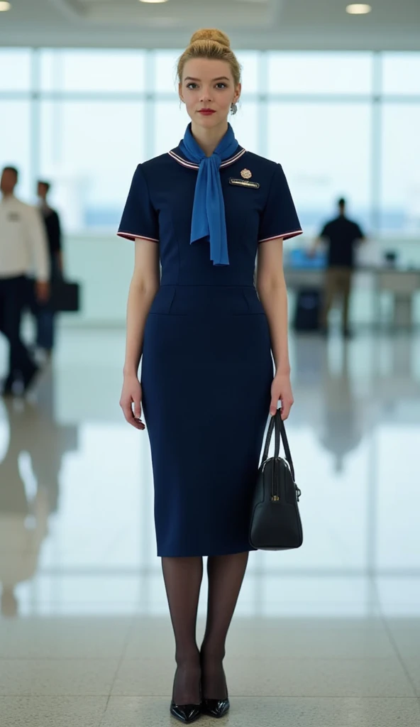 Photographic, Front view, standing pose,  looking at viewer,  female, 20-age, (light blonde hair, chignon , mole under , fringe, little smile), (middle breasts, slender whist, middle hip) , new Japan ANA Stewardess, (Navy blue Flight attendant uniform, Navy blue,  long pencil skirt , blue scarf ,black stocking, black heals), 1 bag, lady's watch,  in Tokyo Haneda airport,( super detailed, High Details , High Quality , Accurate, anatomically correct , textured skin, beautiful fingers super detailed, High Details , High Quality , High Quality )