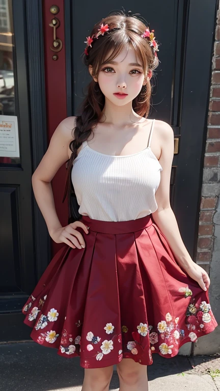 A perfect young female white-collar worker,Chinese big breasts,High picture quality,Works of masters,Black hair,Long hair shawl,Long hair flowing over the shoulders,cropped shoulders,鎖骨,exquisite face,Hydrated red lips,Pink shirt,Blue tight skirt(show legs),Real Persono,Flower sea background,CG rendering,16k,Sit Pose,gazebo,with hands behind her back