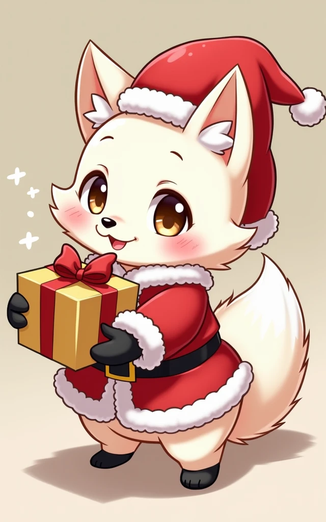 masterpiece:1.2， Anime Illustration ，， cute，(( white baby fox ))， Detailed Description ， wearing a Santa Claus costume ， handing out presents in place of Santa Claus