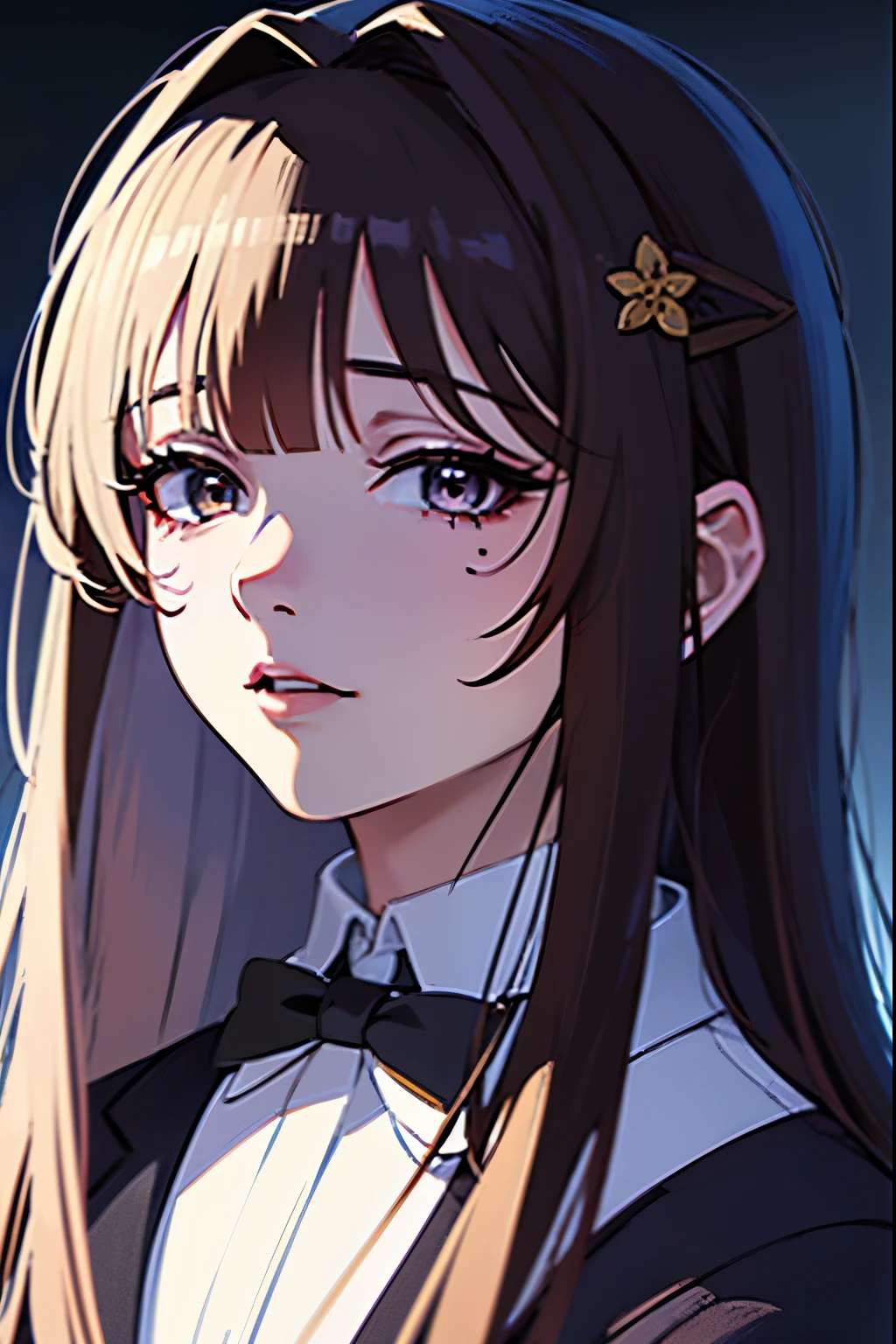 Anime girl with long hair in a suit and a bow,  realistic anime art style , anime girl portrait,  soft anime cg art , beautiful anime high school girl, realistic young anime girl,  portrait of an anime girl ,  anime style . 8K,  anime moe art style , Beautiful anime portrait,  High quality anime art style ,  anime style  portrait, attractive anime girl