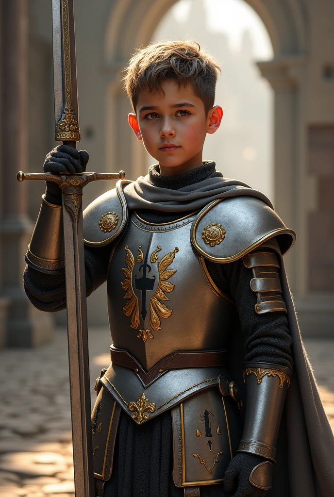 A 5-year-old boy in armor with a sword and a sword in his hand, Boy Knight, Boy in Knight's Armor, Boy Knight, Dean, Medieval knight boy 5 years old,  medieval warrior, Portrait of a Paladin Boy, Cute Armor, Boy Paladin Fantasy, Boy Rider