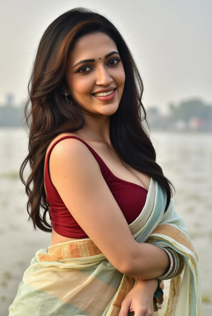 A woman with long dark hair wearing a colorful saree, leaning forward with her hands on her large breasts, sleeveless bra type blouse, cleavage showing with sensual looks dropping her saree down looking at the viewer sensually with showing cleavage while dropping saree, a sexiest sleeveless bra type blouse cleavage showing,downblouse creating a deep cleavage, extremely detailed face, beautiful detailed eyes, beautiful detailed lips, extremely detailed skin texture, intricate saree patterns, masterfully volumetric and tactile rendering, cinematic dramatic lighting, rich color palette, hyper-realistic, 4k, photorealistic, award-winning digital art