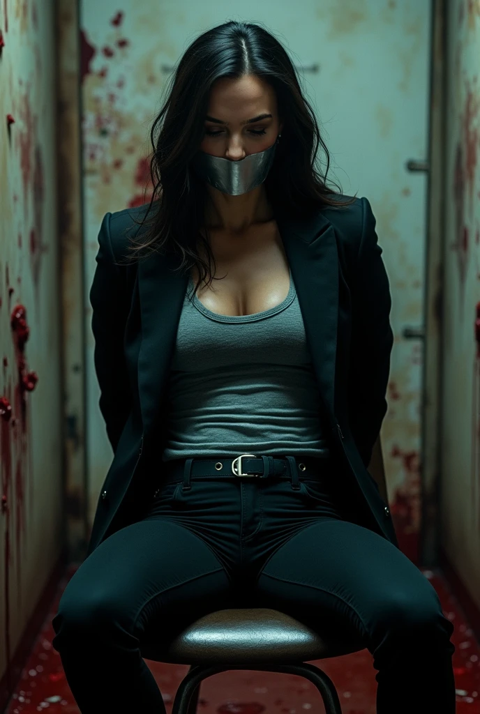 2 Dafne keen, in leather leggings, jacket, boots, arm tied behind, leg tied, duct tape, gagged, silver tape, soft light, alone, sexi, mouth tied, chair tied, uhd, 4k