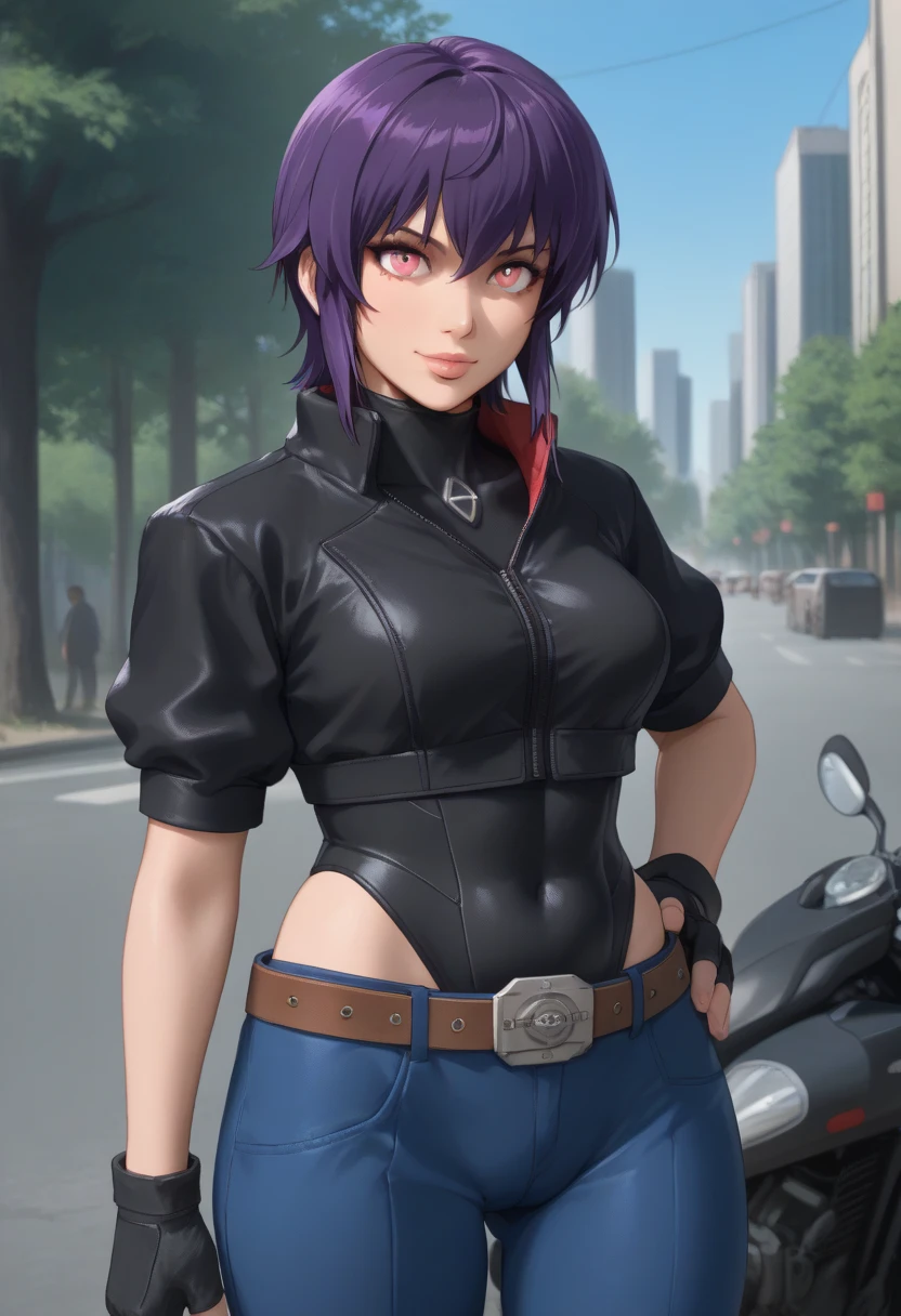 (masterpiece:1.2), (best quality:1.2), newest, (intricate details, very aesthetic, highres), good hands, 1girl, motoko2045xl, purple hair, short hair, lips, cyborg, pink eyes, medium breasts, cropped jacket, black jacket, collared jacket, short sleeves, fingerless gloves, black gloves, black leotard, highleg leotard, hip vent, blue pants, belt, kusanagi motoko, street, tree, day, motorcycle, hand on hip, light smile