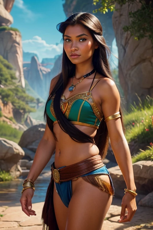 Style: "Prehistoric fantasy setting with a focus on authentic primitive clothing and accessories, reflecting the materials and craftsmanship of early human cultures." Solo woman portrait.
(Savannah Warrior Isanna is a beautiful prehistoric woman of the Negroid race.)
Face: Oval face with high cheekbones. The eyes are large, dark brown with a slight golden tint, the nose is wide with a soft tip, full lips are dark burgundy. The hair is very curly, black, long, braided in numerous thin pigtails. The skin is dark brown, with a copper tint.
Body: High, with expressive rounded forms. Well-developed muscles, especially in the legs and arms. Large breasts, flat stomach, wide hips. The legs are long and strong.
Tattoo: Primitive design in the form of zigzag lines, covering the left arm from the shoulder to the wrist. A small sun on the forehead above the eyebrows.
Clothing:
Material: Leaves and animal skin, dark green and brown, roughly processed.
Skirt: Short, made of leaves and leather, reaching mid-thigh, decorated with shells and animal teeth.
The chest is open, on the neck is a necklace of teeth and shells.
Sandals: Light, made of vines that wrap around the legs up to the knees.