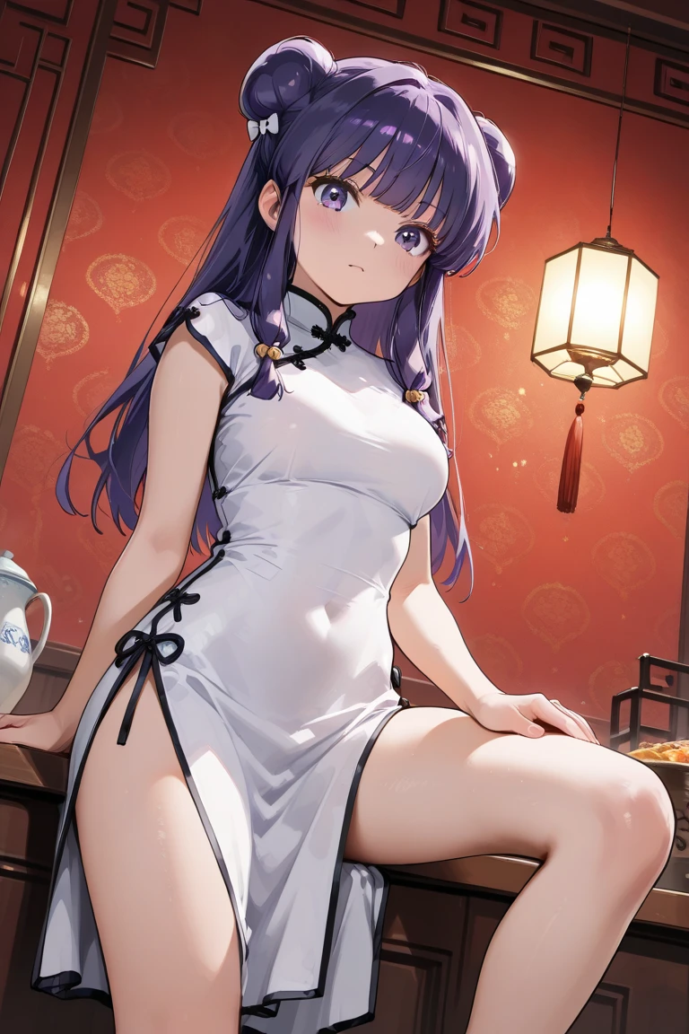 A highly detailed and high resolution image of "Shampoo" [from Ranma 1/2]; Chinese girl with long purple hair and twin buns; cute, hair ornament; a ((red)) Chinese qipao (cheongsam) (Long shirt ) dress, purple eyes; bare arms; Bare legs; she is serving food inside of a busy Chinese restaurant in the background; break: quality\(8k,wallpaper of extremely detailed CG unit, high resolution, top-quality, top-quality real texture skin, hyper realistic, increase the resolution, RAW photos, best quality, highly detailed, the wallpaper, golden ratio, high saturation realism, vibrant colors, dramatic lighting, persuasive storytelling, atmospheric scenery, captivating visuals, intricate details, strong emotions, dreamlike world\),(dynamic angle:1.4)