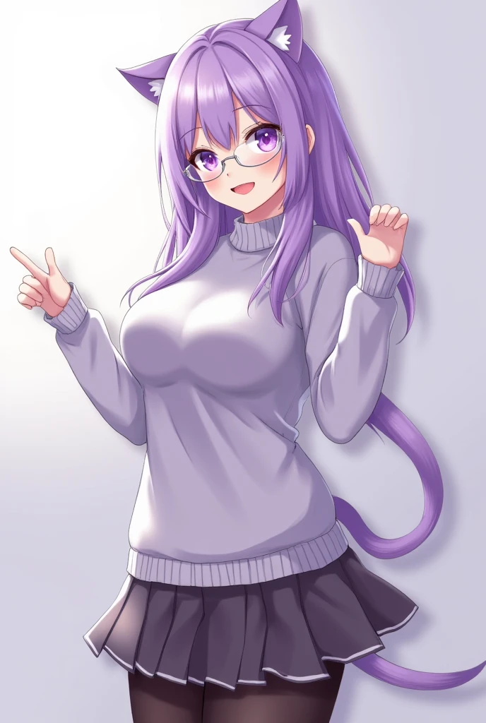 masterpiece, best quality, 1girl, ((looking at viewer)), lilac hair, purple eyes, long hair,  ahoge, sweater, sweater skirt, pantyhose, 163cm, hair between eyes, large breasts, adult, 33 years old, mature, glasses, solo, sole, smile, cat ears, cat tail, fang, catgirl, animal ears