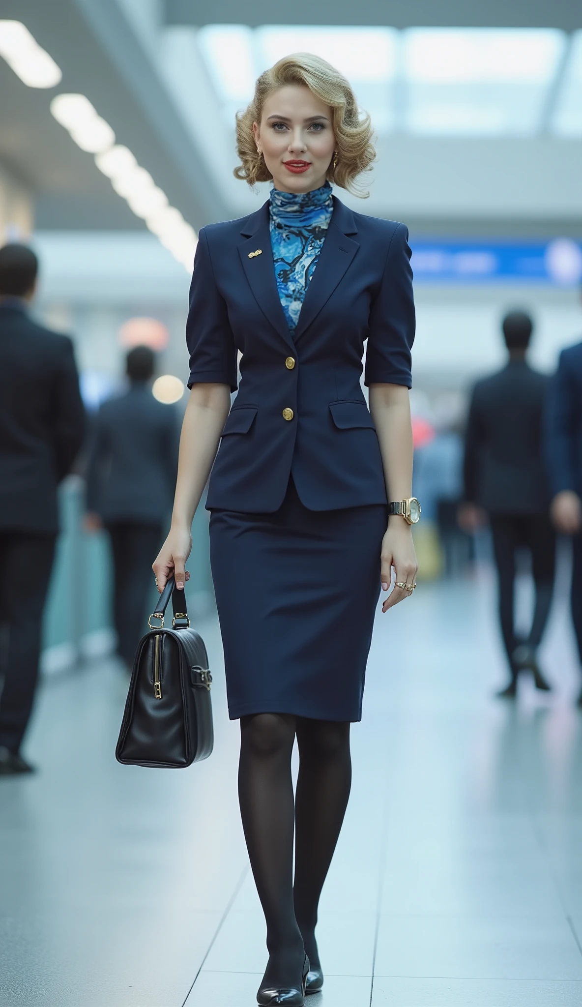 Photographic, Front view, standing pose,  looking at viewer,  female, 20-age, (light blonde hair, chignon , mole under , fringe, little smile), (middle breasts, slender whist, middle hip) , new Japan ANA Stewardess, (Navy blue Flight attendant uniform, Navy blue,  long pencil skirt , blue scarf ,black stocking, black heals), 1 bag, lady's watch,  in Tokyo Haneda airport,( super detailed, High Details , High Quality , Accurate, anatomically correct , textured skin, beautiful fingers super detailed, High Details , High Quality , High Quality )