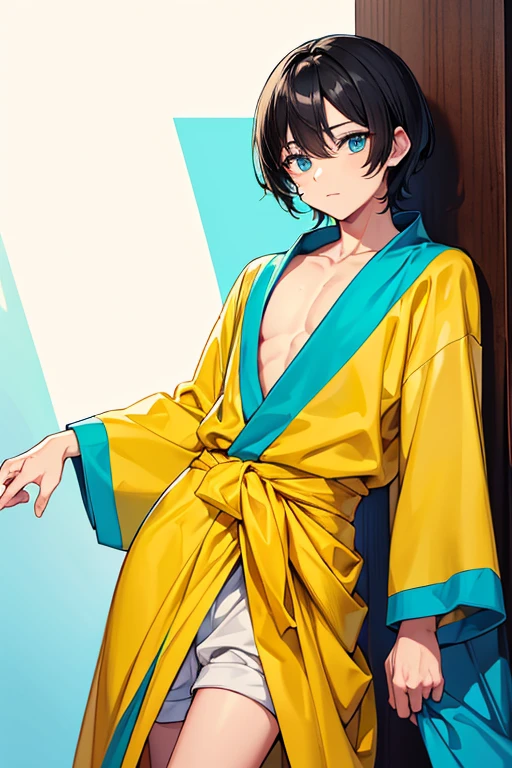  One Beautiful Boy 　Shows up to the waist　cute young face　 black hair　 black hair　 short hair boy hairstyle stupid hair 　Turquoise eyes　Yellow Robe