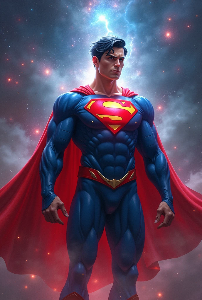 Superman, shirtless, shirtless, no shirt on, wearing a red bulging jockstrap, detailed facial features with a hairy body, in space with earth in the background, he is floating
Golden age