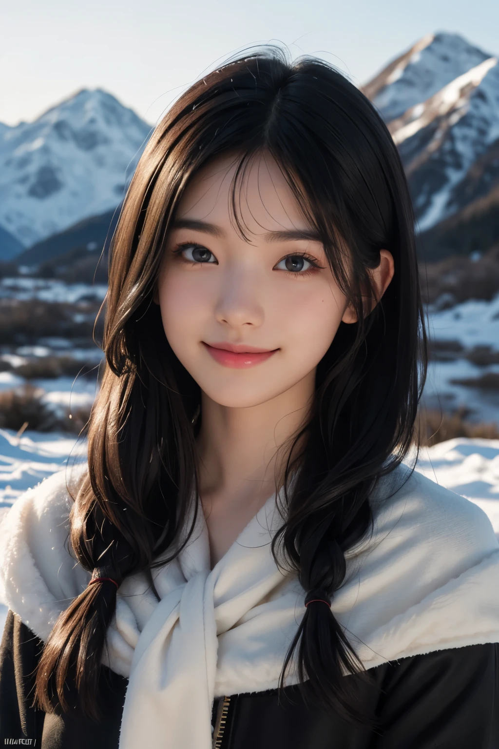 (ultra Realistic) , (illustration), (Enhance resolution), (8k), ( Extremely Detailed), ( detailed face ), Black Straight Hair, Slim Body, in the dark , deep shadow, low profile, pureerosfaceace_v1, Happy smile, Winter, Mountain