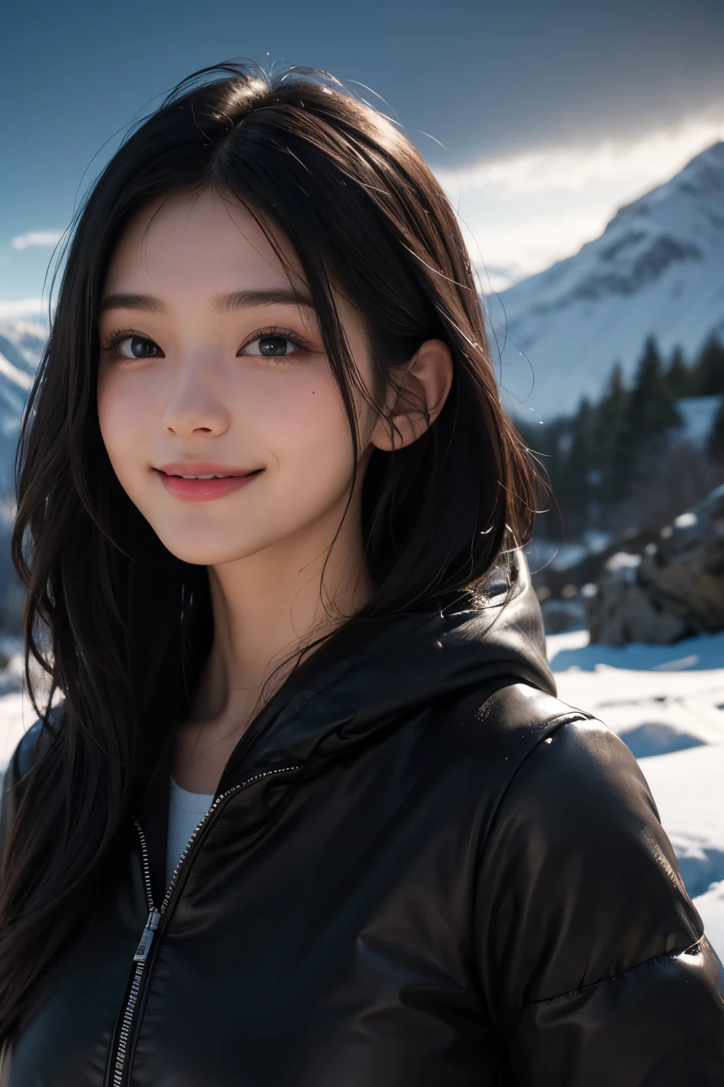 (ultra Realistic) , (illustration), (Enhance resolution), (8k), ( Extremely Detailed), ( detailed face ), Black Straight Hair, Slim Body, in the dark , deep shadow, low profile, pureerosfaceace_v1, Happy smile, Winter, Mountain