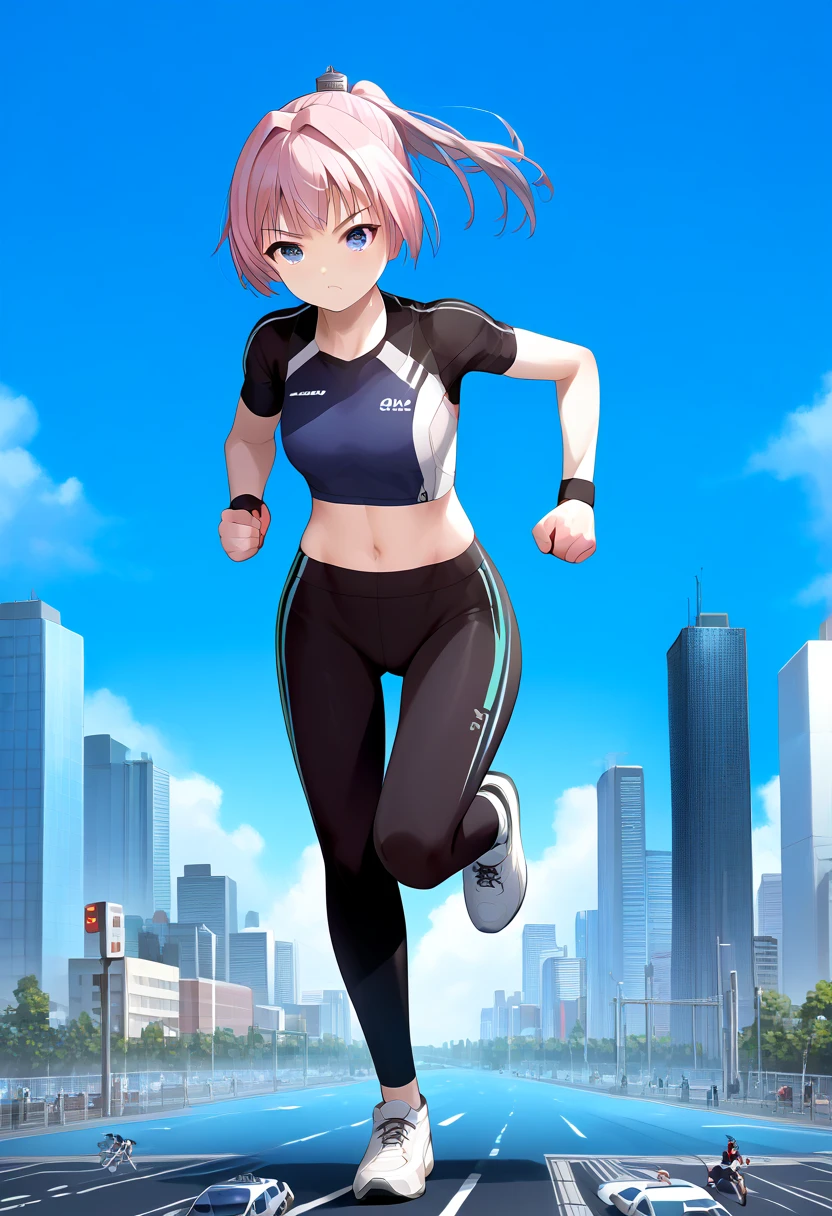 score_9, score_8_up, score_7_up, source_anime, Alone, 1 girl, (( best quality)), Giantess, (  giga size :1.3), (((microcity), shiranui_kantaicollection,running,sports, skyscraper , pinkhair, leggings, Sports good, Blueeyes, ponytail, navel, shoes