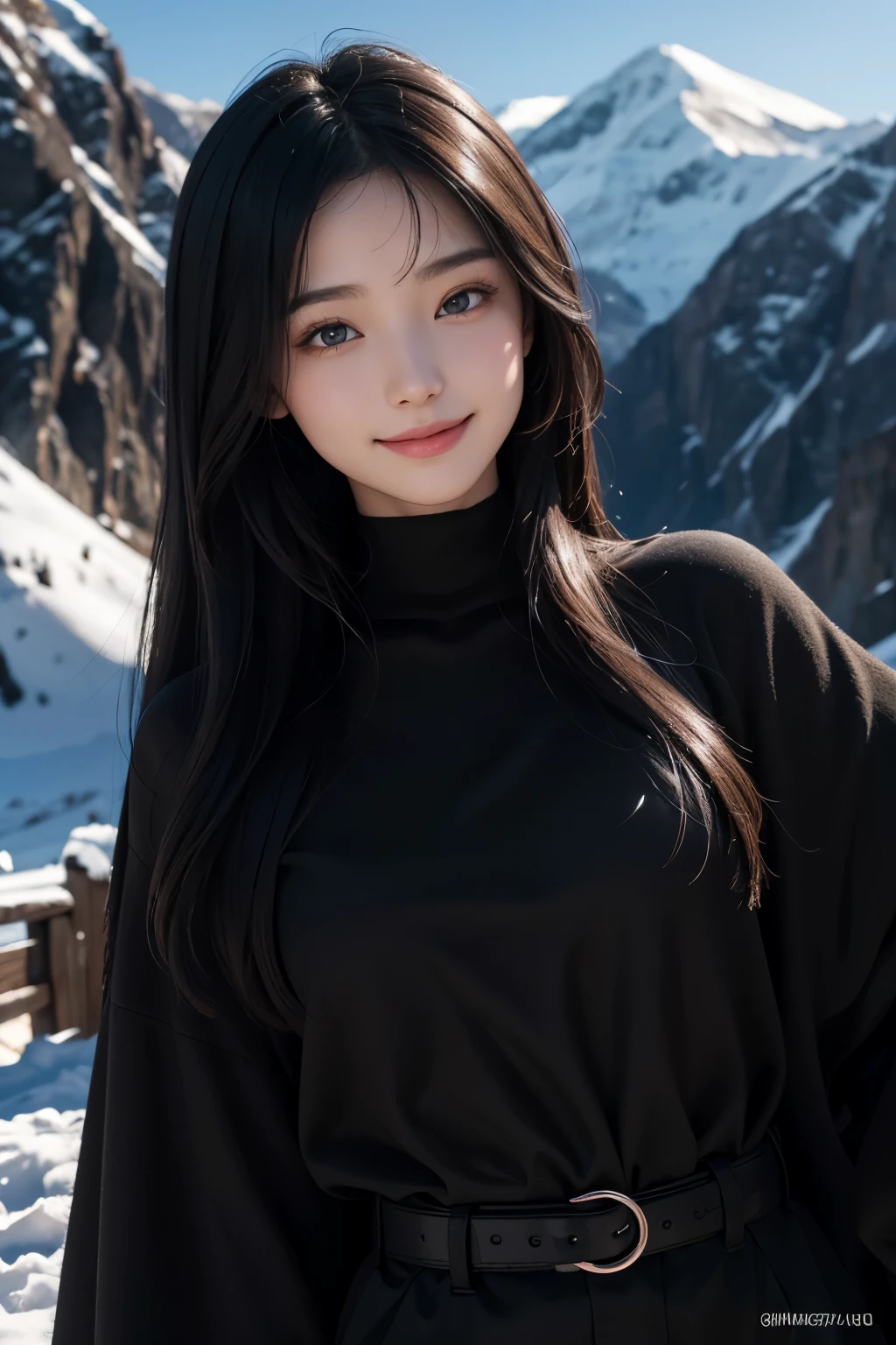 (ultra Realistic) , (illustration), (Enhance resolution), (8k), ( Extremely Detailed), ( detailed face ), Black Straight Hair, Slim Body, in the dark , deep shadow, low profile, pureerosfaceace_v1, Happy smile, Winter, Mountain