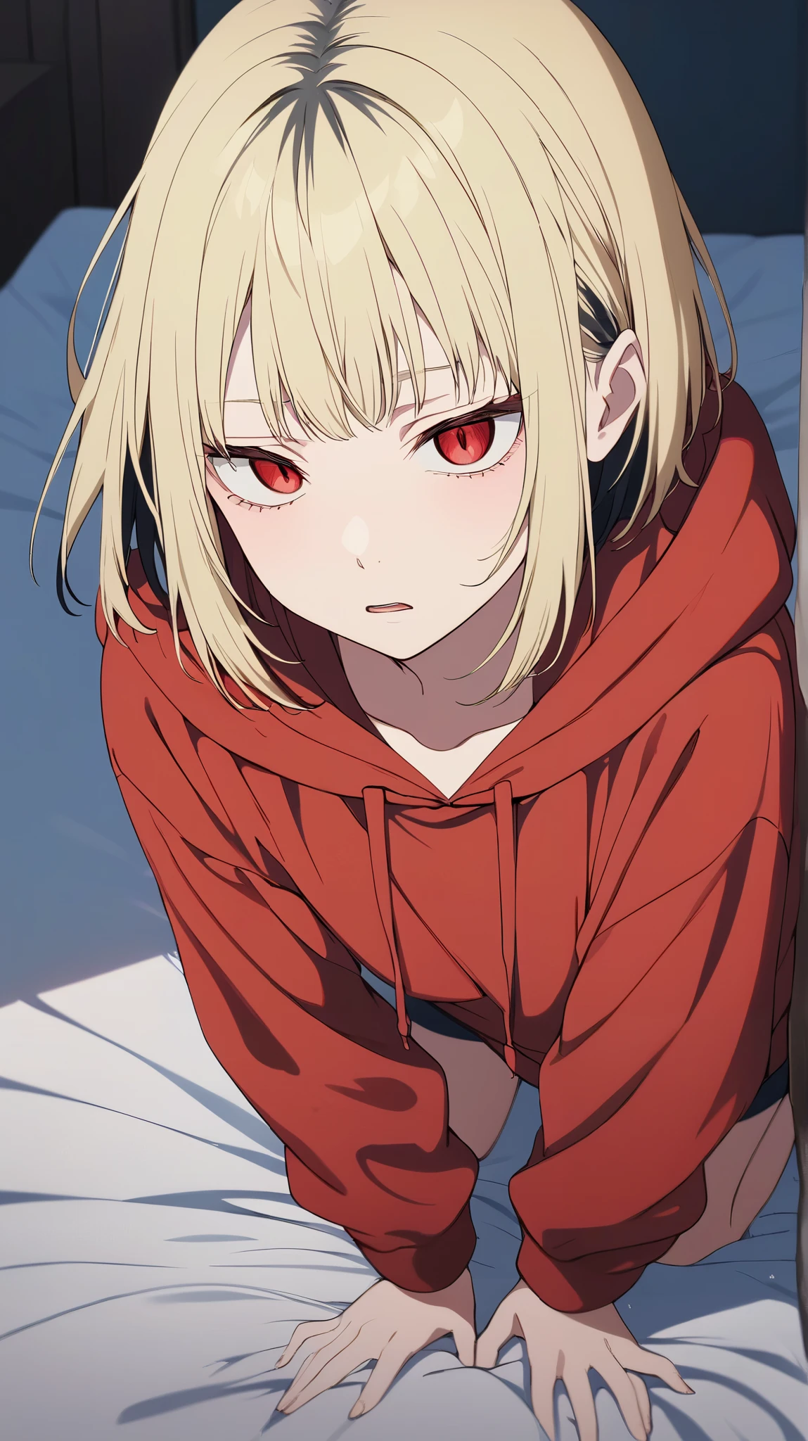  High Quality , 最 High Quality , masterpiece,  high definition , Detailed faces
Standing on all fours in the room , bed, bedの上で lying down, I'm lying on my back on the bed, lying down,Lie on your back
1 girl , Blonde,  short hair, Anime Coloring ,  multi-colored hair ,  Bicolor Hair , red eyes, part of the top side of the head sits on black hair , straight hair,Pudding Hair, medium hair, side lock,Short bangs,
Tops(Red hoodie)Bottoms(Shorts), with a little bit of sadness, No Emotion,My hands are in my hoodie pocket , My hands are stuck in my pockets,More close up on girls, hands in pockets , No Emotion,Alone,  long hair,  protrudes from the screen, Vertical pupil, emotionless face , open your mouth slightly, 