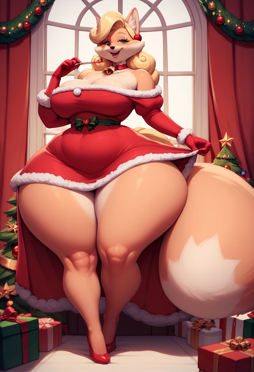 Anime style fox Furry girl, full fox sexy hot body, (medium breasts)very long gigantic legs, (very wide huge hips) (very long medium legs, mrs claus dress, Christmas background, 