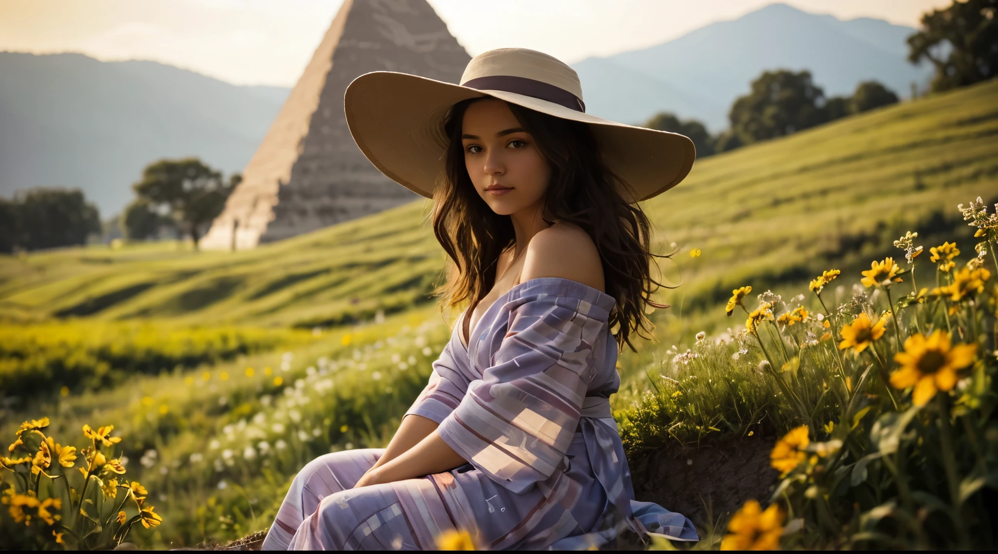 girl, from side, sitting, shoulder, see-through off-shoulder dress, (cute:1.8), breasts, wide hat, wavy long hair, looking at viewer, meadow with dots of wildflowers, warmth of golden hour, tyndall effect, cinematic, pyramid, explorer, yukata, bright color yukata, mystical light, mystical scene,