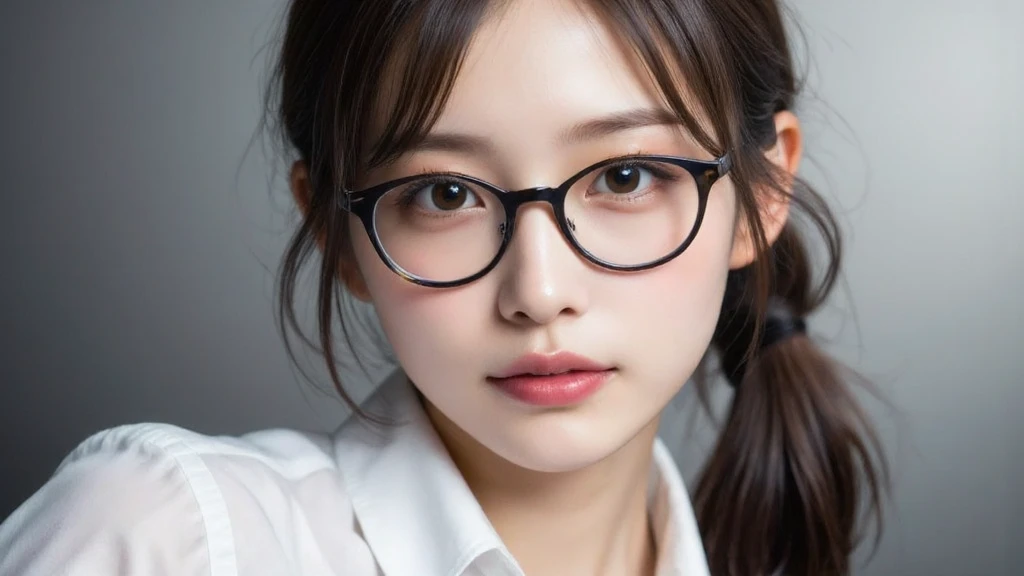 Breathtaking beauty, Intense focus , shadow,  Perfect Composition ,  proper placement , Golden Ratio,  high definition ,  top quality ,  exquisite resolution,  super detailed ,masterpiece,  photorealistic, 8k,  One Beautiful Japanese Woman, mature adult Japanese woman, Black-rimmed glasses:1.331,  white business shirt :1.331,  flat chested:1.331,  slender body:1.331, Thin limbs:1.331,  thin waist :1.331,  thin waist :1.331, COMPLETE ANATOMY :1.331,  have small heads :1.331, Brown Hair,  chignon hair:1.21,  detailed face ,  Delicate Realistic Oily Skin Texture , indoor blurry background ,  dynamic and emotional movie light,  waiting to start