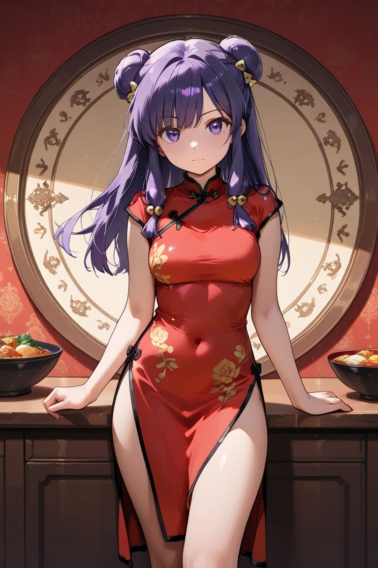 A highly detailed and high resolution image of "Shampoo" [from Ranma 1/2]; Chinese girl with long purple hair and twin buns; cute, hair ornament; a ((red)) Chinese red qipao (red cheongsam) (紅長衫) dress, purple eyes; bare arms; Bare legs; she is serving food inside of a busy Chinese restaurant in the background; break: quality\(8k,wallpaper of extremely detailed CG unit, high resolution, top-quality, top-quality real texture skin, hyper realistic, increase the resolution, RAW photos, best quality, highly detailed, the wallpaper, golden ratio, high saturation realism, vibrant colors, dramatic lighting, persuasive storytelling, atmospheric scenery, captivating visuals, intricate details, strong emotions, dreamlike world\),(dynamic angle:1.4)