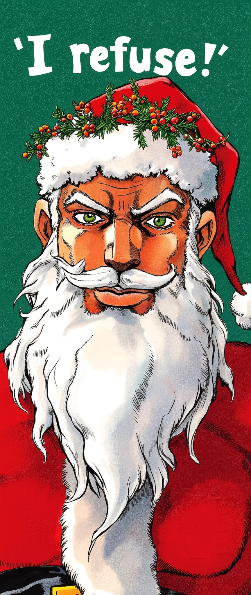 (masterpiece:1.2,Premium Quality , Mirror Finish , cinematic experience , Best illustrations:2.0, super detailed ),8k,16k,( wallpaper:2.0),("I refuse!"Santa Claus with the text:2.0),(JOJO&#39;s Bizarre Adventure style:2.0),(Serious:2.0)