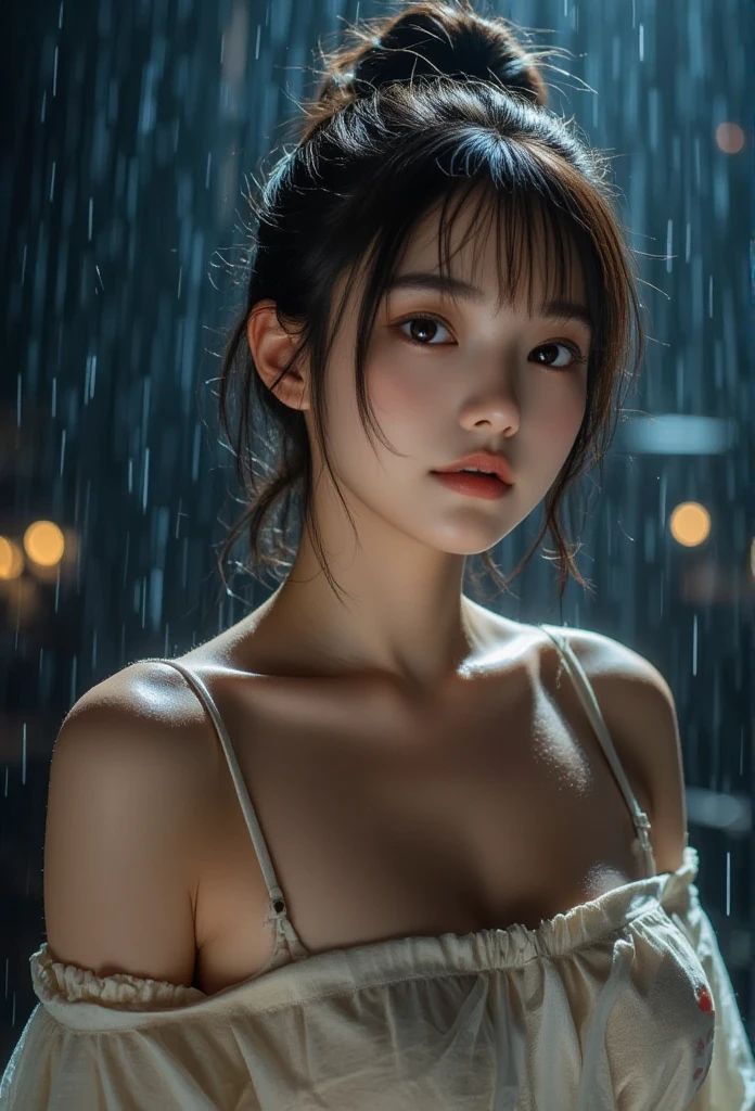 (masterpiece:1.2, best quality), (real picture, intricate details), (night, dark, downpour:1.4)
There was no one in the alley, and the surroundings were silent, only the raindrops sprinkled on the tile eaves of the low houses near and far, making a slight rustling sound. In the cold rain, (1 beautiful 22 year old pakistani girl, big breasts, wet dress, super sexy, perfect eyes:1.2) squatting on the ground, legs wide spread, deep cleavage, dynamic pose, small clothes drenched in rain, hyper realistic, highly detailed, 8K, 3D HDR