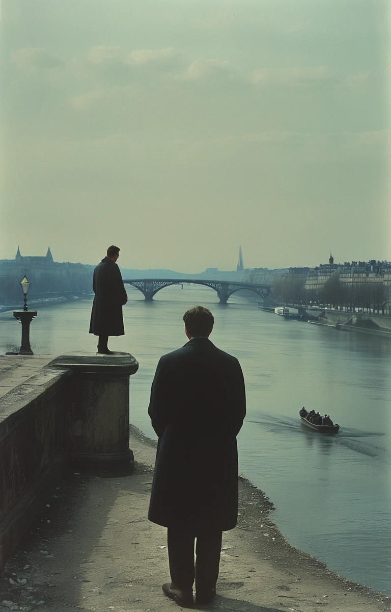 In the distance in Paris along the Seine is a glimpse of a handsome thin man in his mid-60s with long hair, who looks like Marlon Brando, dressed in a long coat and a choker, walking with his dog along the Seine. In the distance a boy and a girl can be seen embracing and kissing. The girl is wearing only briefs but has a bare chest and no bra.The black-and-white photo is taken from above the Pont Neuf. The photo is taken at a wide angle.The style is that of Henry Cartier Bresson.