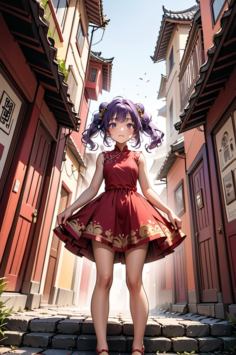 A highly detailed and high resolution image of "Shampoo" [from Ranma 1/2]; Chinese girl with long purple hair and twin buns; cute, hair ornament; a ((red)) Chinese red qipao (red cheongsam) (紅長衫) dress, purple eyes; bare arms; Bare legs; she is serving food inside of a busy Chinese restaurant in the background; break: quality\(8k,wallpaper of extremely detailed CG unit, high resolution, top-quality, top-quality real texture skin, hyper realistic, increase the resolution, RAW photos, best quality, highly detailed, the wallpaper, golden ratio, high saturation realism, vibrant colors, dramatic lighting, persuasive storytelling, atmospheric scenery, captivating visuals, intricate details, strong emotions, dreamlike world\),(dynamic angle:1.4)