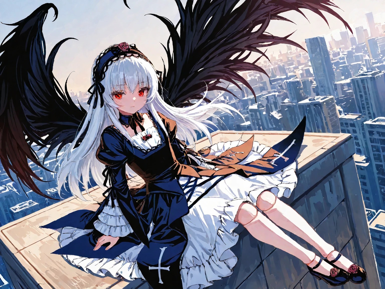 solo,1girl\(suigintou\(rosen maiden\),doll,small, suigint0u, doll joints, white hair, black hairband, black wings,frills, black dress, detached collar, black ribbon, long sleeves, frilled sleeves, puffy sleeves,cute,full body\).sitting at the roof.midnight, cityscape, landscape. anthro. BREAK .quality\(8k,wallpaper of extremely detailed CG unit, high resolution, top-quality, top-quality real texture skin, hyper realistic, increase the resolution, RAW photos, best quality, highly detailed, the wallpaper, golden ratio, high saturation realism, vibrant colors, dramatic lighting, persuasive storytelling, atmospheric scenery, captivating visuals, intricate details, strong emotions, dreamlike world\).dynamic angle