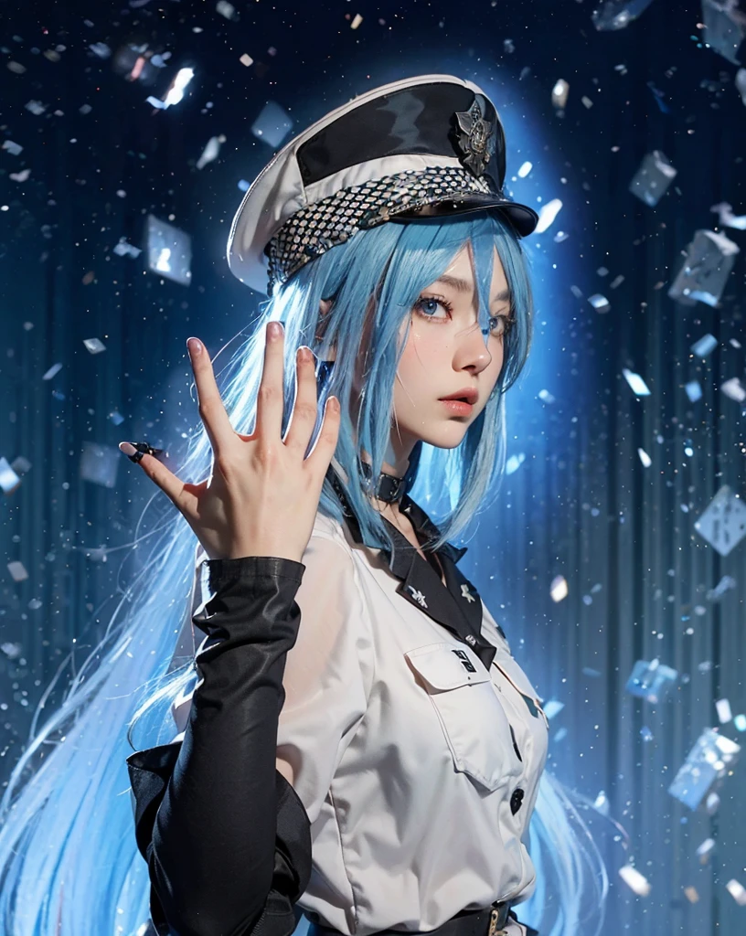  ((ESDEATH_AKAME GA KILL)),((realistic, photorealistic)),(highlight hair)), Light reflection, (( HD )),((upper body)), (((best quality, masterpiece))), (masterpiece) (best quality) (detail) (8k) (HDR) (wallpaper) (cinematic lighting) (sharp focuasterpiece, best quality: 1.1), Real life adaption of this character, Asian teen beauty face, Shining Purple eyes, realistic outfit, realistic shadow, realistic light, realism, hyper realistic, realistic background,(photorealistic:1.2), masterpiece, best quality, 1girl,((masterpiece,best quality)), esdeath, esdeath, blue eyes, blue hair, long hair, boots, choker, cleavage, collarbone, hat, ice, military, military uniform, peaked cap, thigh boots, thighhighs, uniform, shirt, cleavage, open clothes, open shirt, naked shirt, long sleeves, collared shirt, tattoo, blue aura sparkles around the character, floating snow particles, long blue hair, 1 girl, solo,