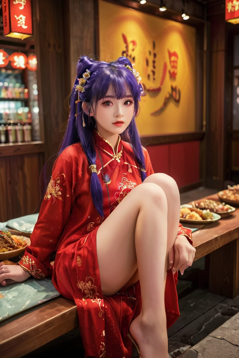 A highly detailed and high resolution image of "Shampoo" [from Ranma 1/2]; Chinese girl with long purple hair and twin buns; cute, hair ornament; a ((red)) Chinese red qipao (red cheongsam) (紅長衫) dress, purple eyes; bare arms; Bare legs; she is serving food inside of a busy Chinese restaurant in the background; break: quality\(8k,wallpaper of extremely detailed CG unit, high resolution, top-quality, top-quality real texture skin, hyper realistic, increase the resolution, RAW photos, best quality, highly detailed, the wallpaper, golden ratio, high saturation realism, vibrant colors, dramatic lighting, persuasive storytelling, atmospheric scenery, captivating visuals, intricate details, strong emotions, dreamlike world\),(dynamic angle:1.4)
