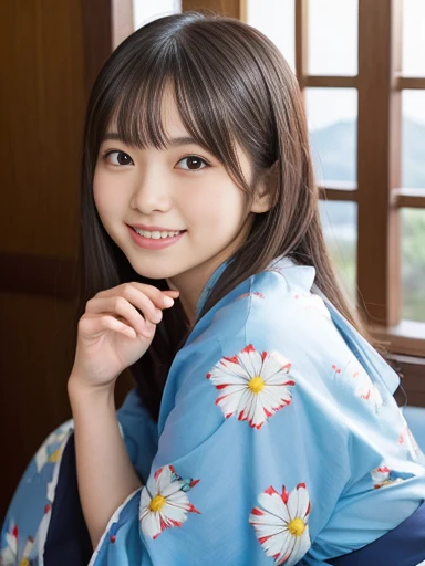 One girl, yukata, 20-year-old Japanese, beautiful, cute face, pretty face, neat, smiling, 8-head body, height 165cm, weight 48kg, bust 83cm, waist 60cm, hips 82cm, selfie