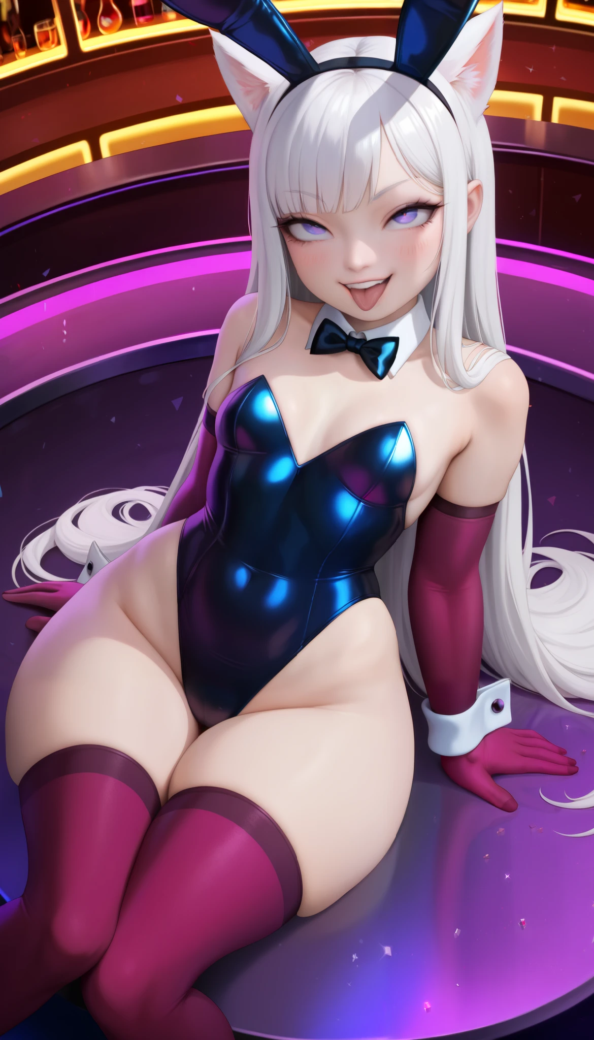 score_9, score_8_up, score_7_up, UHD --ar 9:16, dynamic angle, masterpiece, best quality, highly sexual poses, elinsdxl ,elinxl,1girl, solo, small animal ears, white hair, long hair, looking at viewer, skin indentation, blush, evil smile, smug, ahegao, small breasts, bunnysuit, wide hips, thick thighs, elbow gloves, thigh highs, short, shortstack, sexy pose, curvy, photorealistic, perfect face, narrow shoulders, nightclub, SakimiStyle, sitting, knees together, arms in sexy pose
