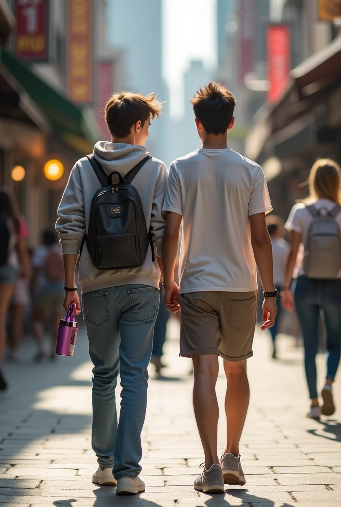 A blind girl, with a boy, standing together, holding hands.