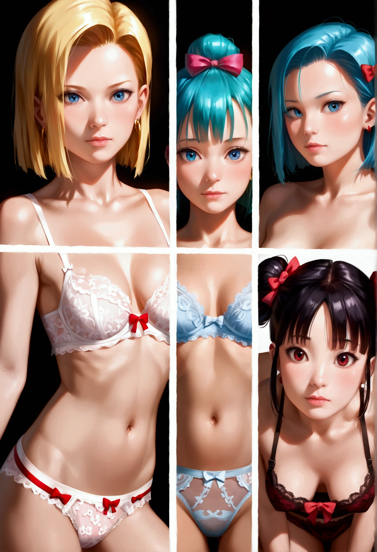 a highly detailed illustration of 4girls, android c 18, bulma, videl, chichi by group sex in lace transparent underwear with pattern and ribbons, orgasm, 8k, ultra-detailed, realistic, photorealistic, masterpiece, extremely vibrant and vivid colors, cinematic lighting, dramatic composition, surreal and fantastical, digital art