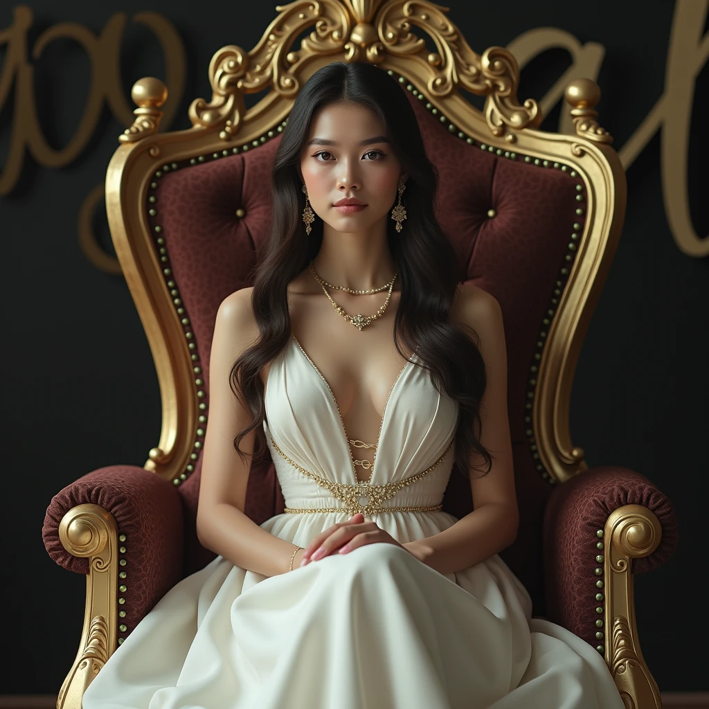 beautiful woman, sitting in a big chair and behind the wall written "Sanmati"