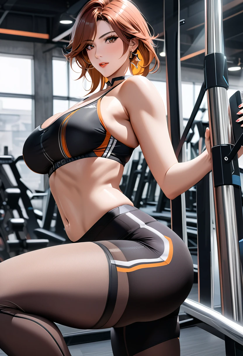 ( Masterpiece), ( realistic anime style), (super detailed ), ( definite details), (Very sexy goddess body ), ( perfect super sexy body), you are suffering, Awesome MILF, Super beautiful, Very pretty, extremely beautiful, too sexy,  big breasts, Sexy Tracer,  tight sports bra, fitted leggings, an electric gym