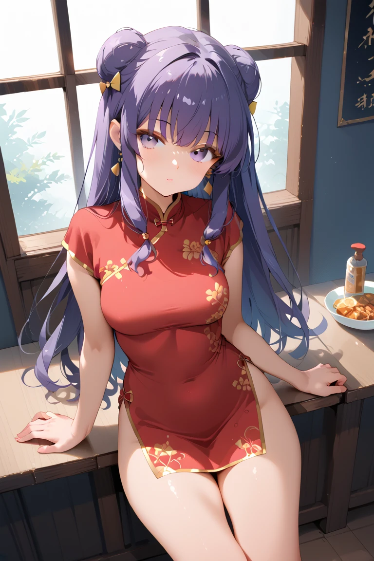 A highly detailed and high resolution image of "Shampoo" [from Ranma 1/2]; Chinese girl with long purple hair and twin buns; cute, hair ornament; a ((red)) Chinese red qipao (red cheongsam) (紅長衫) dress, purple eyes; bare arms; Bare legs; she is serving food inside of a busy Chinese restaurant in the background; break: quality\(8k,wallpaper of extremely detailed CG unit, high resolution, top-quality, top-quality real texture skin, hyper realistic, increase the resolution, RAW photos, best quality, highly detailed, the wallpaper, golden ratio, high saturation realism, vibrant colors, dramatic lighting, persuasive storytelling, atmospheric scenery, captivating visuals, intricate details, strong emotions, dreamlike world\),(dynamic angle:1.4)