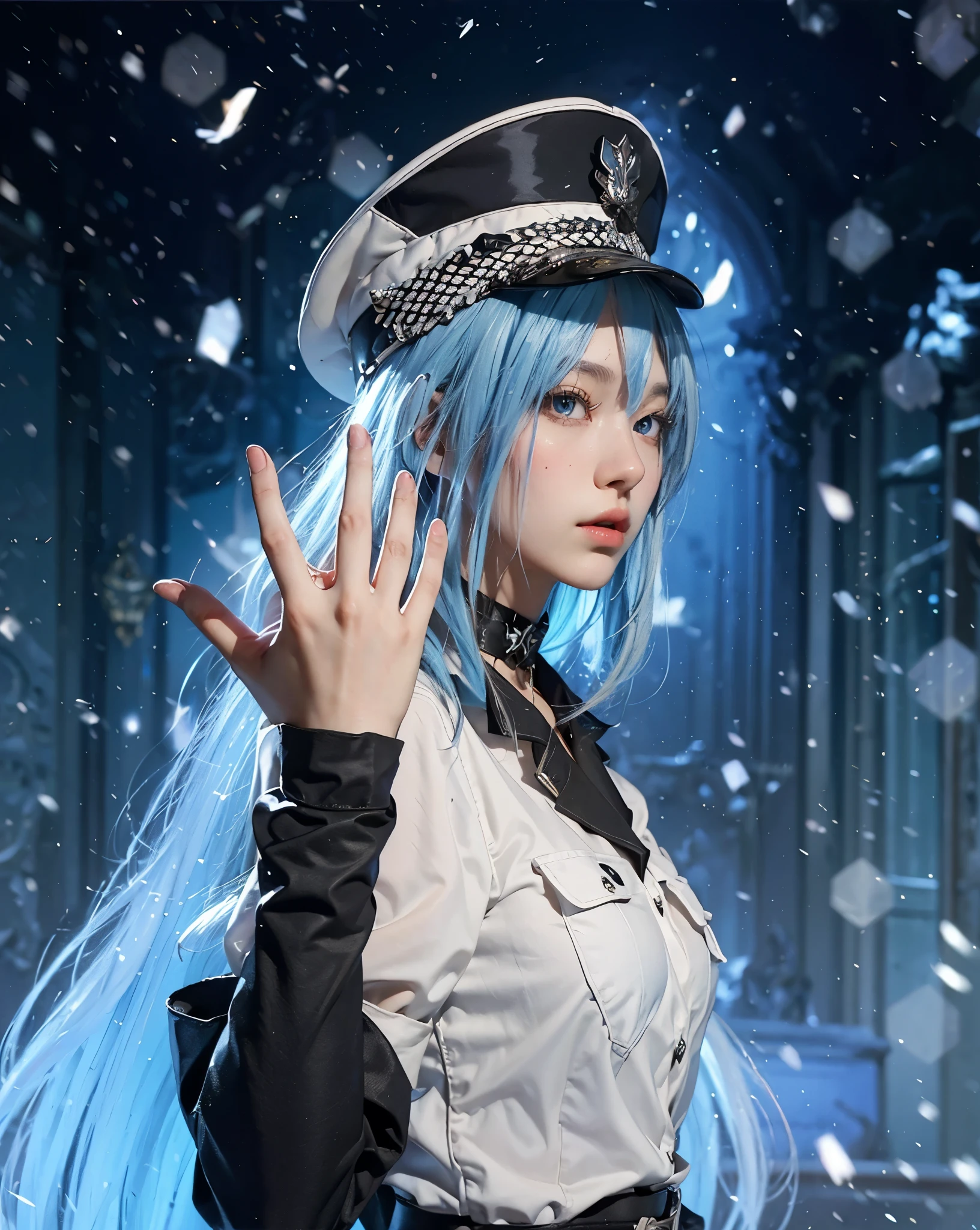  ((ESDEATH_AKAME GA KILL)),((realistic, photorealistic)),(highlight hair)), Light reflection, (( HD )),((upper body)), (((best quality, masterpiece))), (masterpiece) (best quality) (detail) (8k) (HDR) (wallpaper) (cinematic lighting) (sharp focuasterpiece, best quality: 1.1), Real life adaption of this character, Asian teen beauty face, Shining Purple eyes, realistic outfit, realistic shadow, realistic light, realism, hyper realistic, realistic background,(photorealistic:1.2), masterpiece, best quality, 1girl,((masterpiece,best quality)), esdeath, esdeath, blue eyes, blue hair, long hair, boots, choker, cleavage, collarbone, hat, ice, military, military uniform, peaked cap, thigh boots, thighhighs, uniform, shirt, cleavage, open clothes, open shirt, naked shirt, long sleeves, collared shirt, tattoo, blue aura sparkles around the character, floating snow particles, long blue hair, 1 girl, solo,