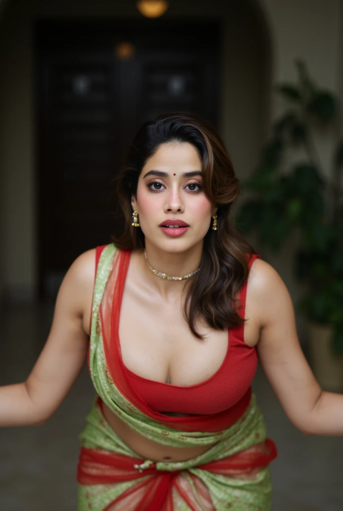 Realistic photo of Indian busty female aged 26 with average sized body and brownish skin tone.Realistic Showing huge breast in bedroom and showing her navel. No ornaments. Full size photo. Wearing see through red saree and blouse green .Realistic photo.