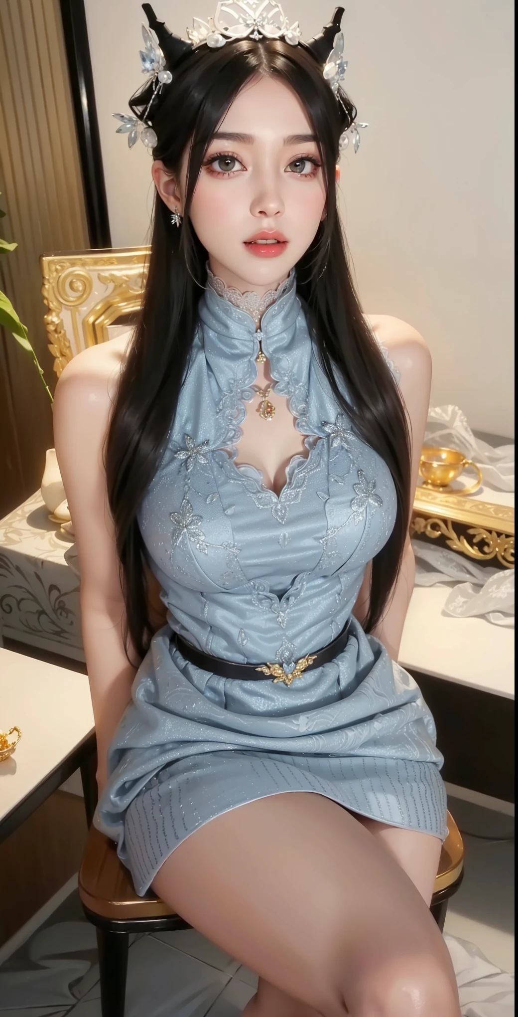 Royal sisters,Exquisite eyes,Frozen Queen,Put the crown on your head,Detailed facial expressions body,Tall and big,Glamorous characters,Leg length,4K,HD,Sensual,White translucent lace,白皙full image,Little cherry mouth,Beautiful and lovely,full image,Glossy Gel Coat,Vampire Queen in luxurious robes,Have a tattoo(Intricate tattoo designs),Ice Princess,Rich facial details,Angel,Eyes are blue(Pupils as deep as the starry sky),Silk printed clothes,Necklace gold,Sitting on the sofa