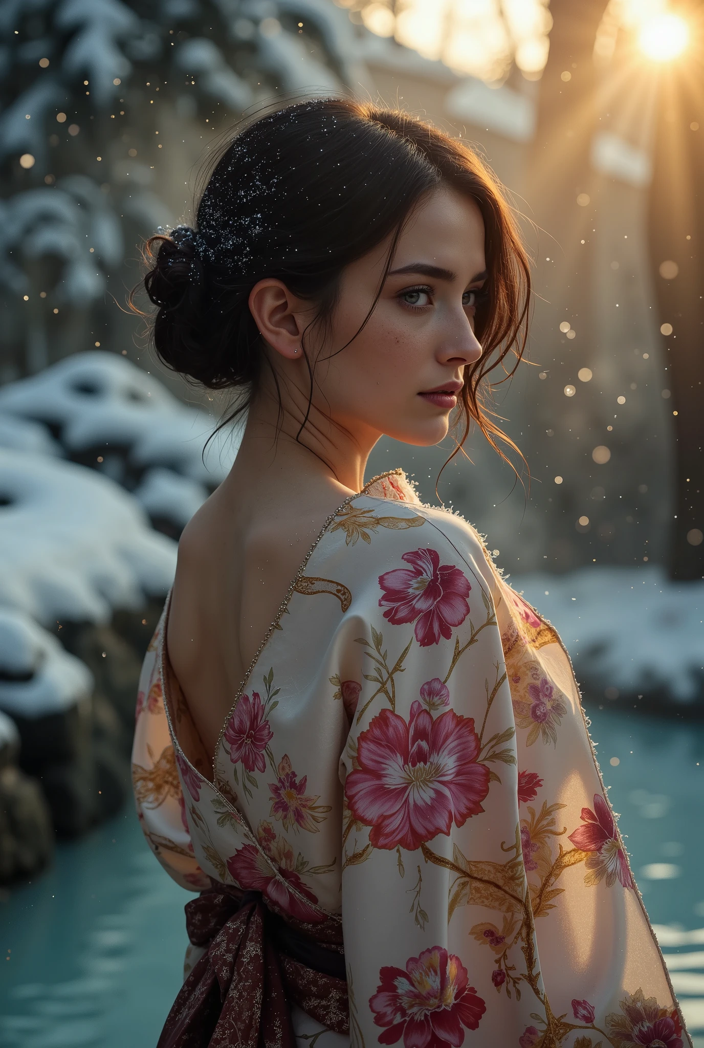 An award-winning 70s-style analog photograph of a beautiful Japanese woman standing gracefully near the edge of a steaming onsen during a tranquil Japanese winter. She wears an elegant yukata with intricate patterns of cherry blossoms, cranes, and waves in soft pink, deep red, and gold. Snowflakes gently fall around her, clinging to her flowing hair and the fabric of her yukata, while her serene expression reflects quiet contemplation.

The background features a traditional snow-covered onsen, surrounded by smooth stones and tall, snow-dusted pine trees. Rising mist from the steaming water contrasts with the cold, crisp air, as soft god rays filter through the branches, casting a warm golden light on the scene. The composition highlights her elegant form, the intricate details of her yukata, and the serene, ethereal beauty of a snowy Japanese winter onsen. The image has a distinct grainy 70s analog texture, lending a nostalgic and timeless quality.