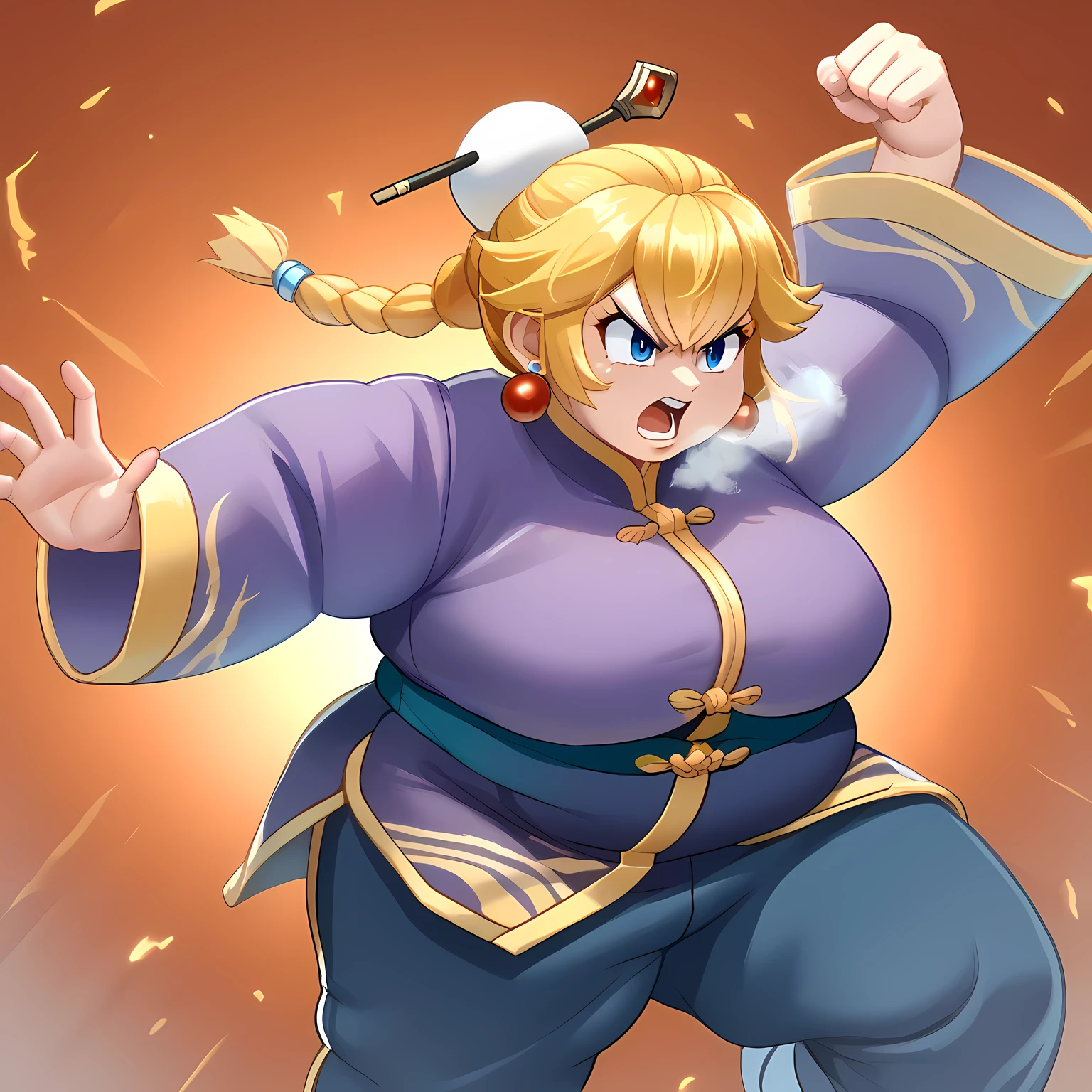 score_9, score_8_up, score_7_up, source_anime, 1girl, solo, IncrsPchKungFu, long hair, bangs, braid, single braid, braided ponytail, single hair bun, hair ornament, chinese clothes, long sleeves, pants, wide sleeves, jewelry, earrings, fighting pose, fight, raised leg, angry, fat, chubby, obese, gigantic arms and legs, large breasts open mouth, out of breath