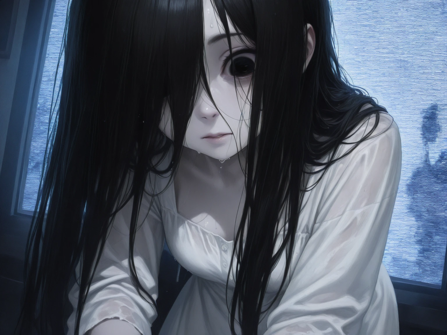 solo,sadako yamamura\(\(the onryo\),long black hair,faceless,hair over face,dirty white dress with sleeves,front face, hair over eyes, black hair, long hair, pale skin, white dress, wet clothes,cute,sexy,leaning to front,show 1eye,looking down\), horror \(theme,mood\),inside the wide TV-monitor\(noisy grain\) at the very dark room. BREAK .quality\(8k,wallpaper of extremely detailed CG unit, high resolution, top-quality, top-quality real texture skin, hyper realistic, increase the resolution, RAW photos, best quality, highly detailed, the wallpaper, golden ratio, high saturation realism, vibrant colors, dramatic lighting, persuasive storytelling, atmospheric scenery, captivating visuals, intricate details, strong emotions, dreamlike world\),dynamic angle,dutch angle,